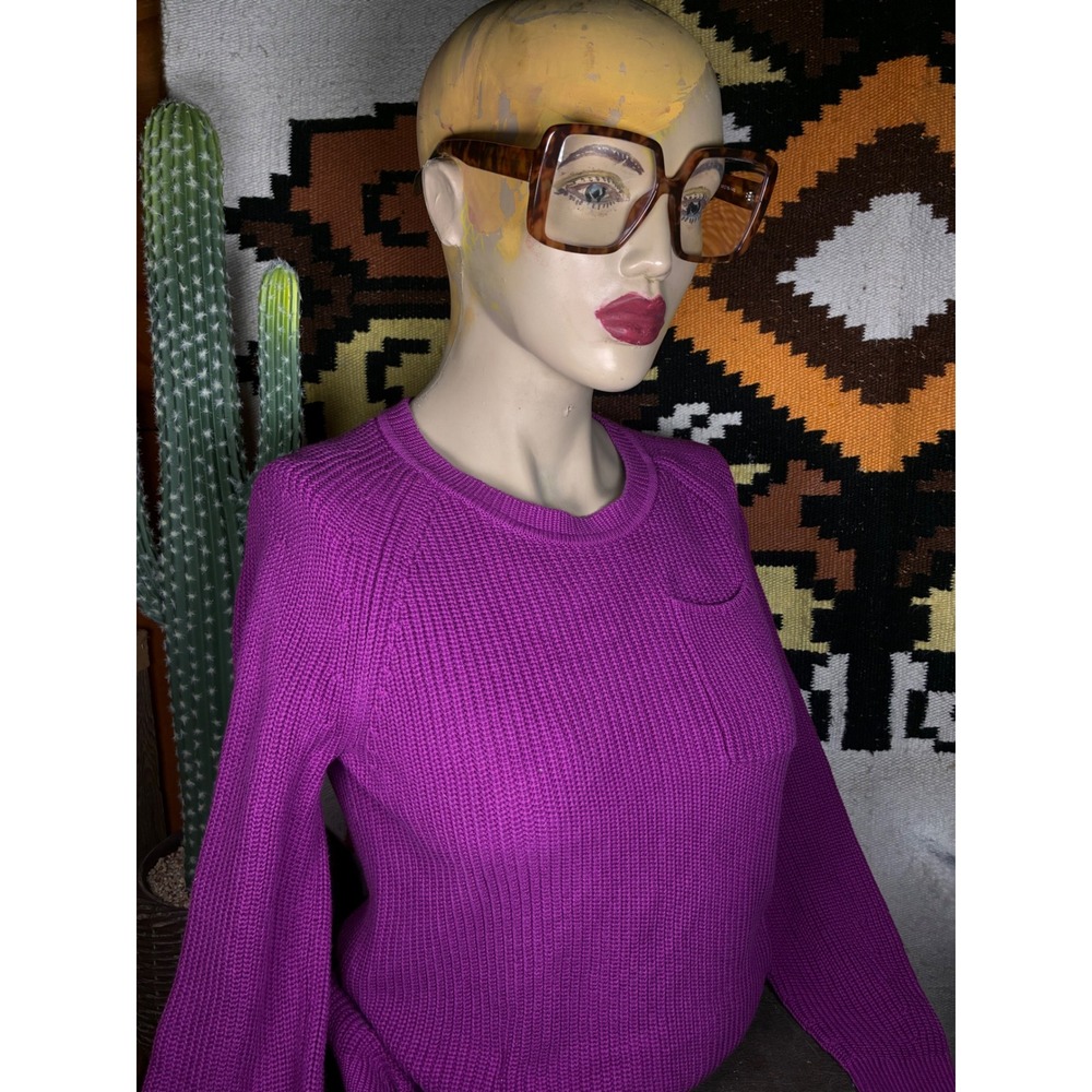 Talbots Shaker Stitch Sweater Petite SP Purple Excellent Raglan Pocket Crewneck